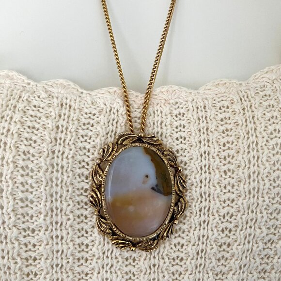 Vintage 60s 70s Agate Gold Tone Statement Necklace Boho Retro Large Cabochon 23” - Picture 3 of 10